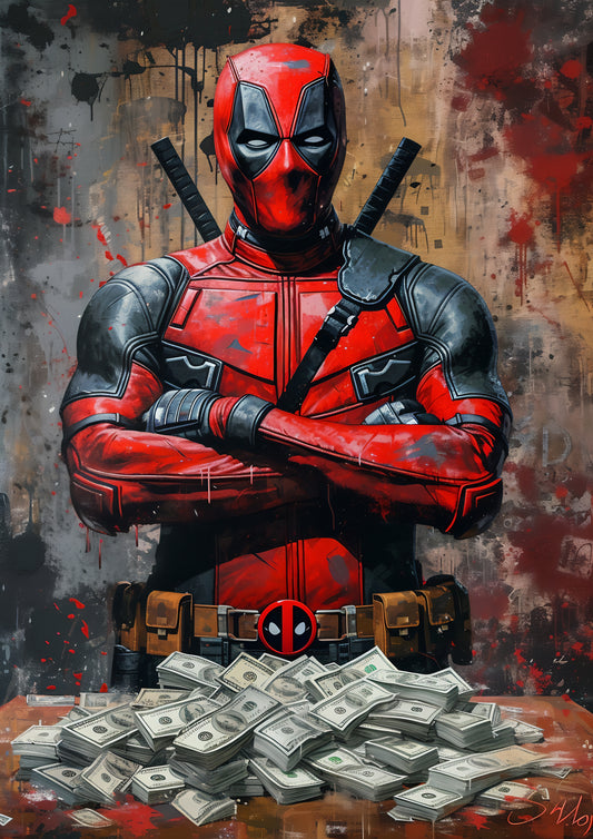 wall poster of a movie character deadpool with lots of money from anciq