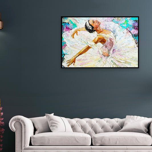 White tutu twirls, dreams take flight on canvas.