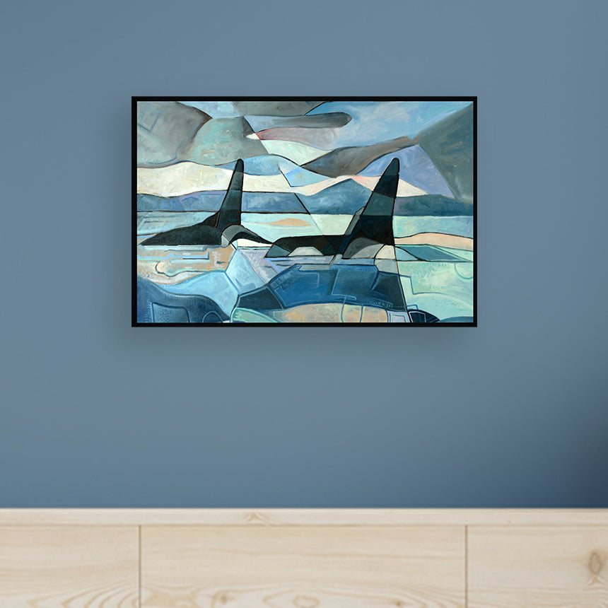 Abstract painting of two orcas swimming in blue water.
