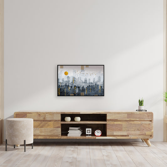 City at night with tall buildings and a full moon canvas wall art.