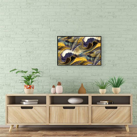 Abstract painting with swirls of blue, green, and black combination. 