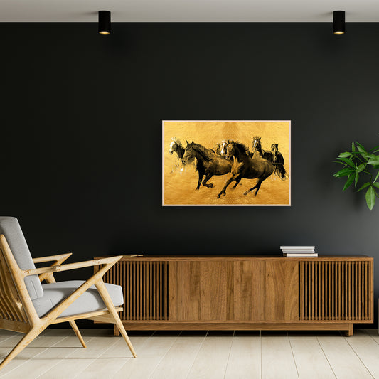 Seven wild horses pound across a canvas horizon.