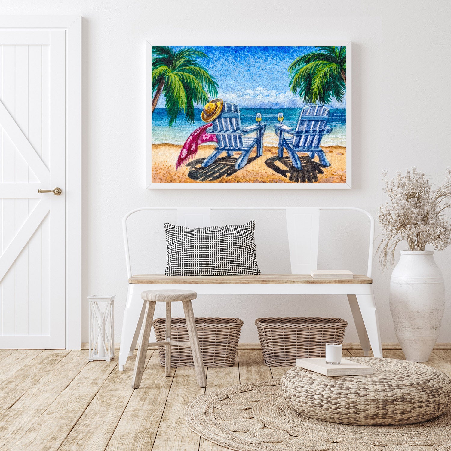 Beach chairs wait for vacationers under a palm tree sky.