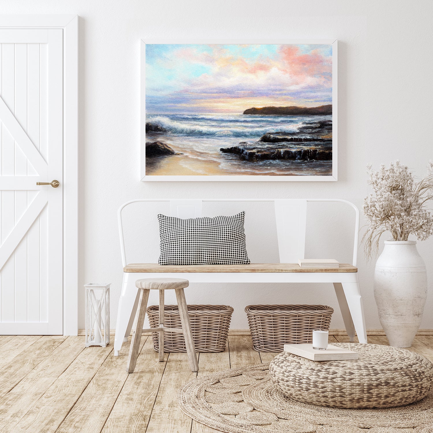 Sun-kissed waves crash on a rocky shore canvas wall art.