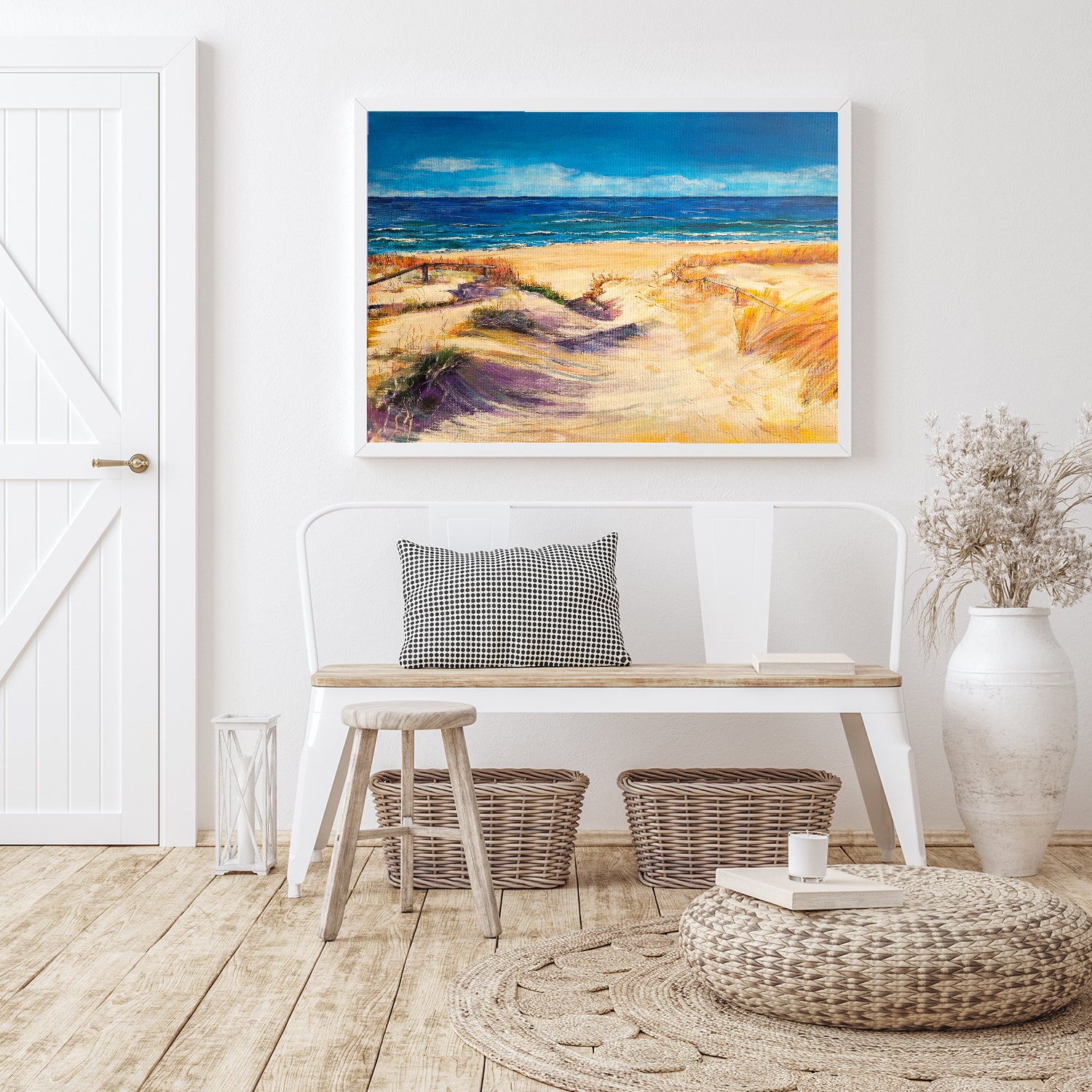 Sandy path winds towards a beach with crashing waves canvas wall art. 