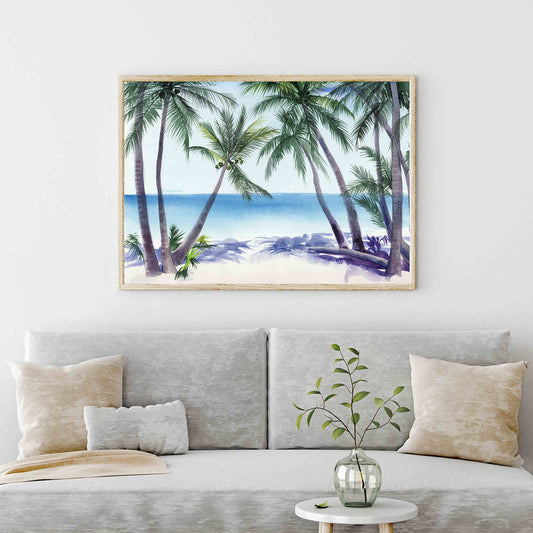 Watercolor wash of a beach paradise with swaying palm trees.