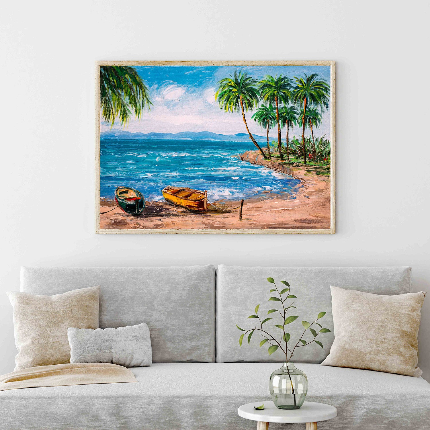 Tropical beach beckons with calm waves, swaying palms, and sailboats.