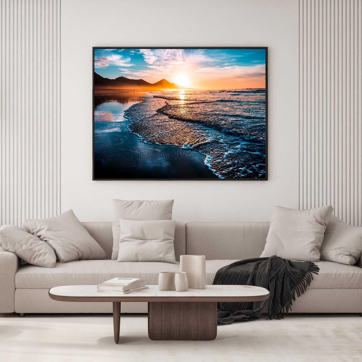 Fiery sky bleeds into ocean waves at sunset canvas wall art. 