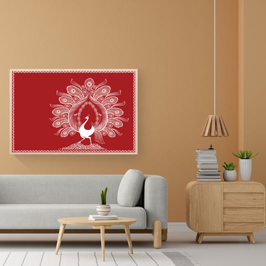 White peacock art on a fiery red canvas.