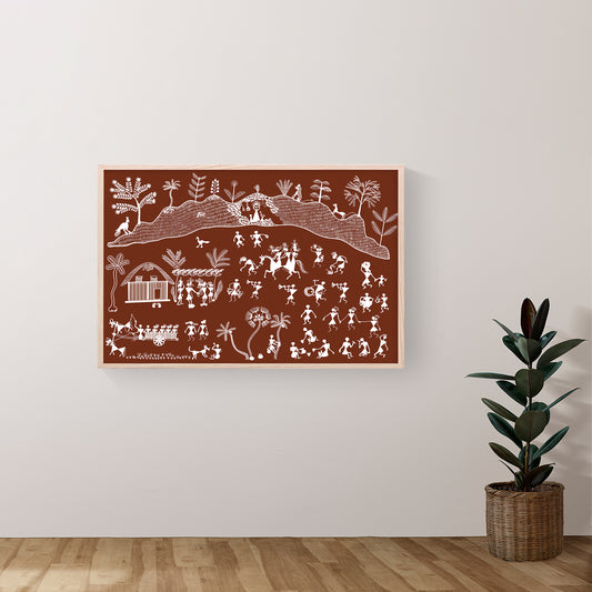 " Warli village buzzes with life in earthy tones and white lines."
