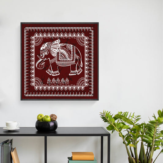 Warli art elephant in bold red canvas.