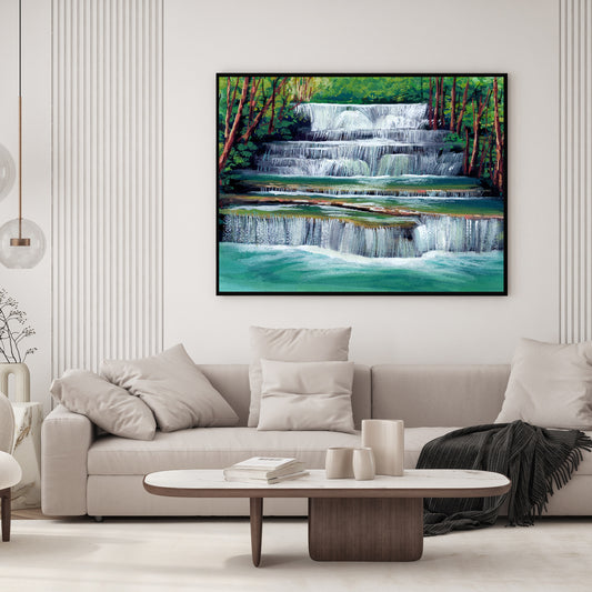 Serene waterfall art defines calmness.