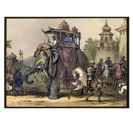 A Journey Through Mughal India: An Elephant and Camel Caravan Pass by a Fortressed Landscape Wall Painting