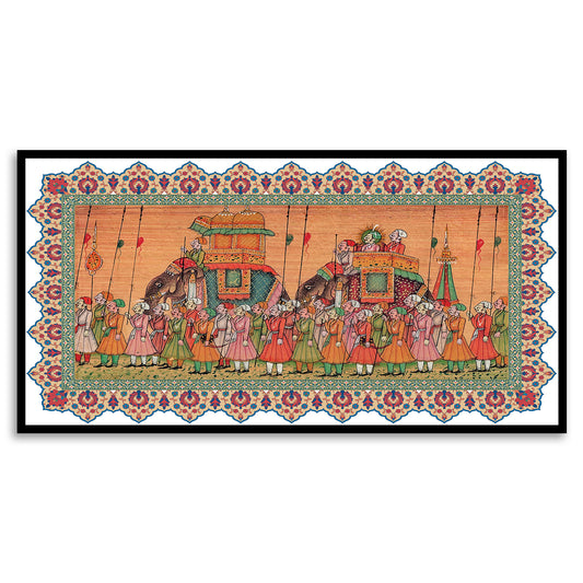 Traditional Indian Elephant Procession Painting - Intricate Mughal Art painting