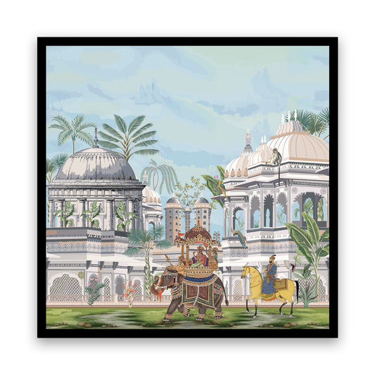 Royal Procession Amidst Majestic Palaces and Verdant Palm Trees