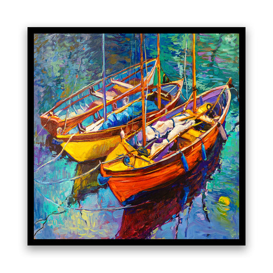 abstract painting of two boats anchored in water body from ancie