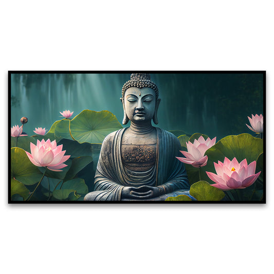 Buddhist meditates tranquil pond surrounded by lotus Canvas Wall Painting for Living Room, Bedroom, Office.