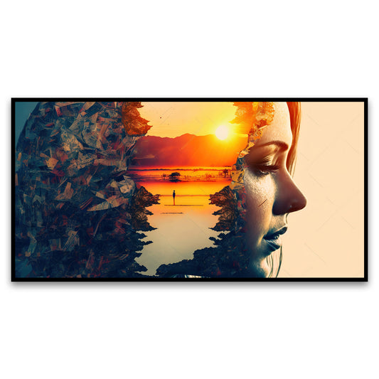 Double exposure woman portrait with orange sunset peaceful mind Canvas Wall Painting for Living Room, Bedroom, Office.