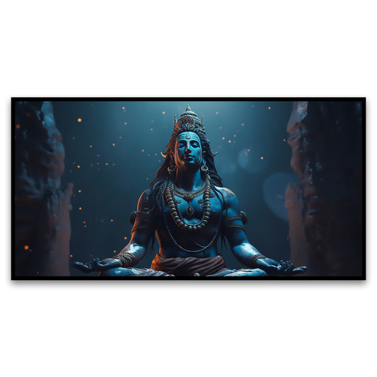 Blue lord Shiva sitting lotus position with word Shiva Canvas Wall Painting for Living Room, Bedroom, Office.