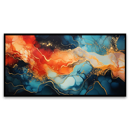 Abstract painting blue orange swirl with gold Wall Painting for Living Room, Bedroom, Office.