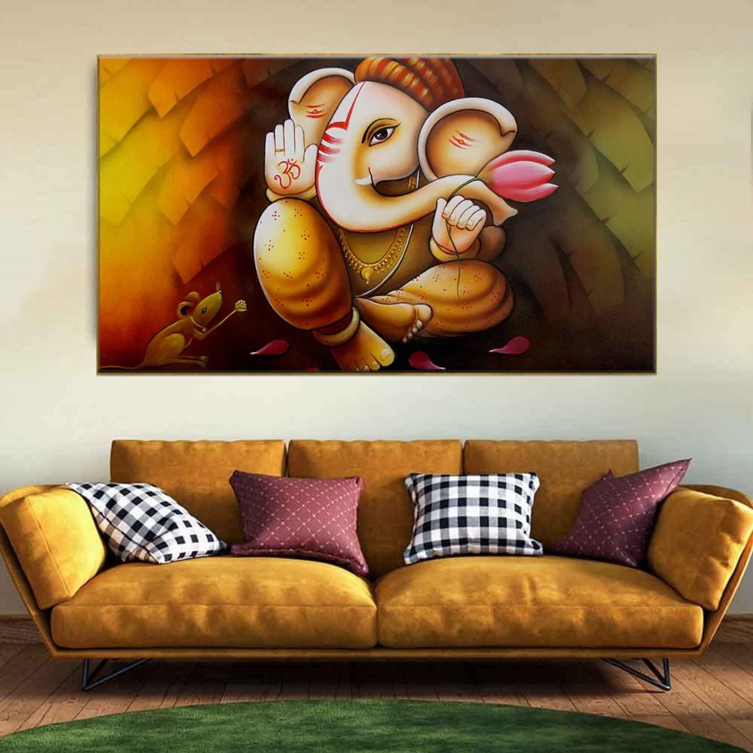 Big Panoramic Auspicious Ganesha Floating Framed Canvas Wall Painting
