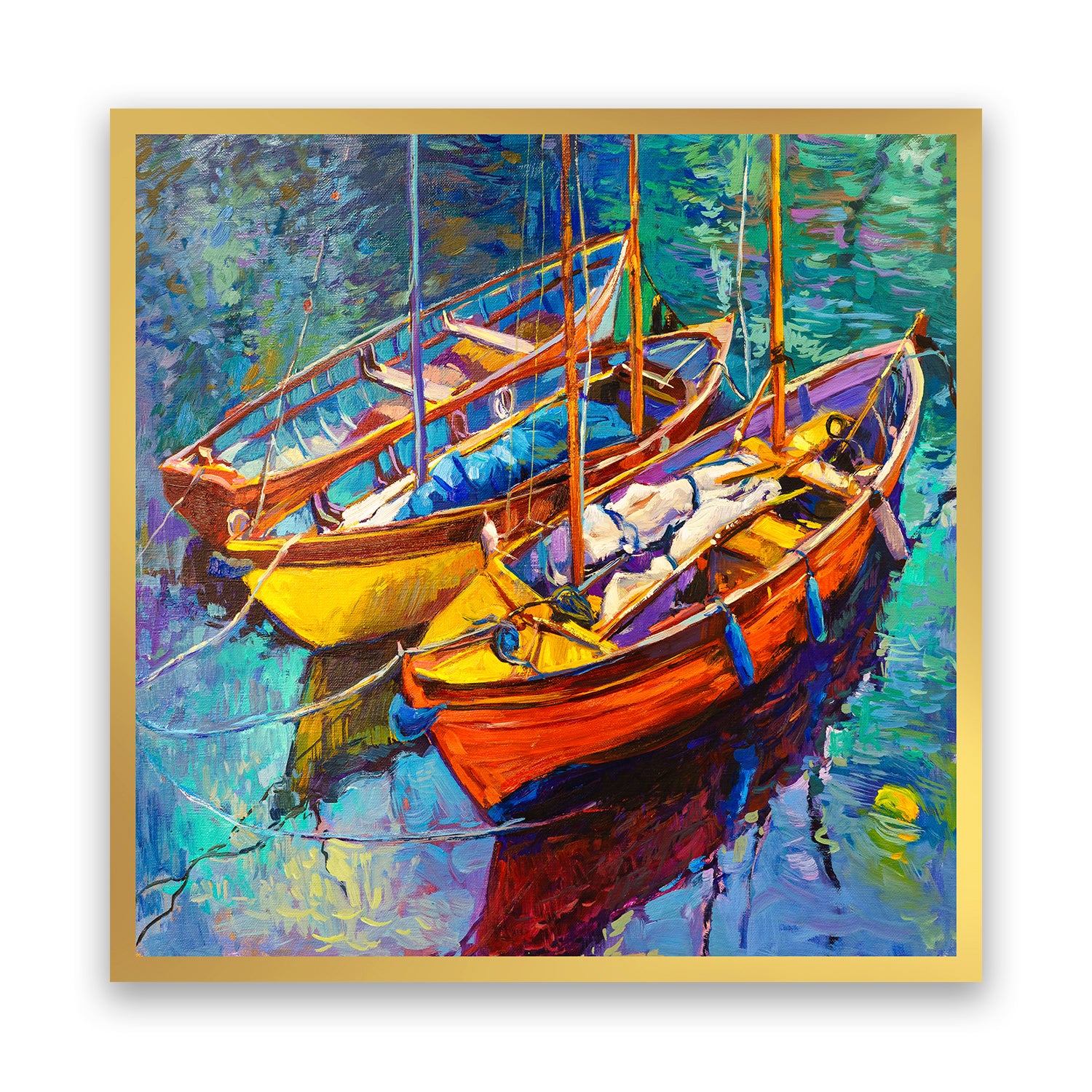 abstract painting of two boats anchored in water body from ancie