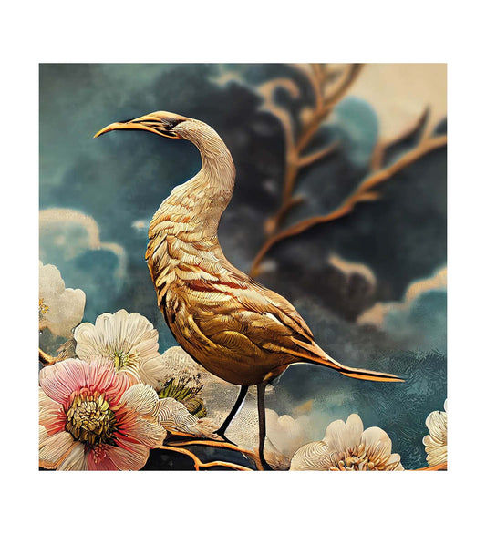 A Canvas Capturing the Ephemeral Beauty of a Bird and Blossoming Flowers