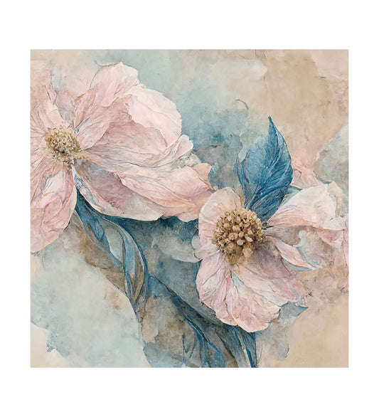 A Canvas Painting Featuring Pink Flowers with Blue Foliage