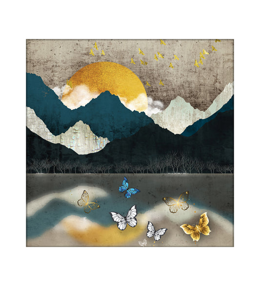 A Mountain Landscape Painting Depicting a Place of Tranquility Where Towering Peaks Meet a Still Lake, With Butterflies