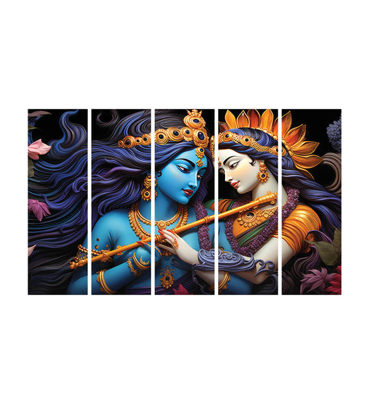 Large Radha Krishna Canvas Painting for Wall Decoration Picture Split Panels Art Decor Set of 5 Canvas Paintings in Living Room Bedroom Hotel Office, Size 16 x 9.6 inches, 5 Frames