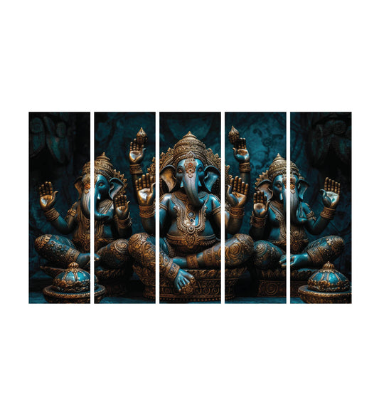 Large Ganesha Canvas Painting for Wall Decoration Picture Split Panels Art Decor Set of 5 Canvas Paintings in Living Room Bedroom Hotel Office, Size 16 x 9.6 inches, 5 Frames