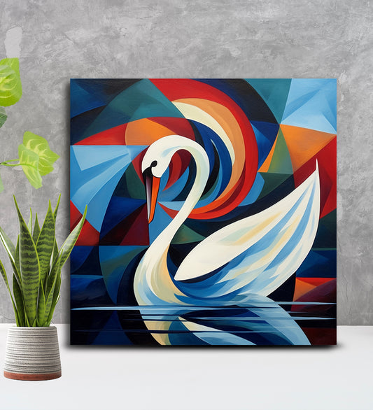 A Panoramic Canvas Painting of a Swan on a Lake with a Breathtaking Sunset