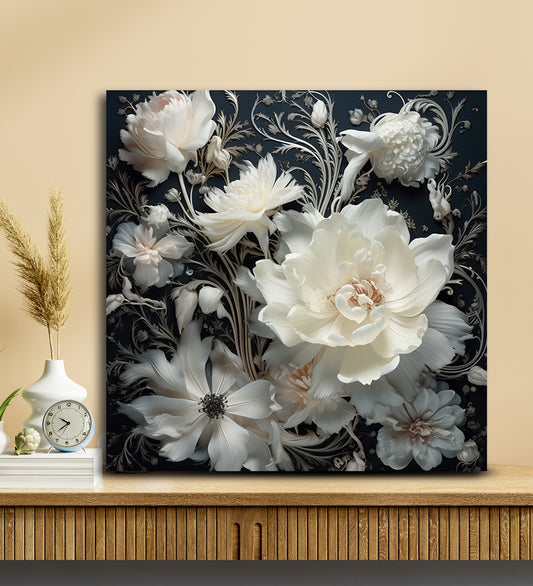 A Captivating Canvas Painting of White Flowers on Black Print