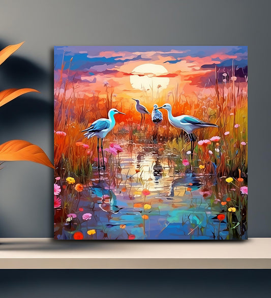 A Canvas Depiction of Three Birds in a Still Pond Artwork