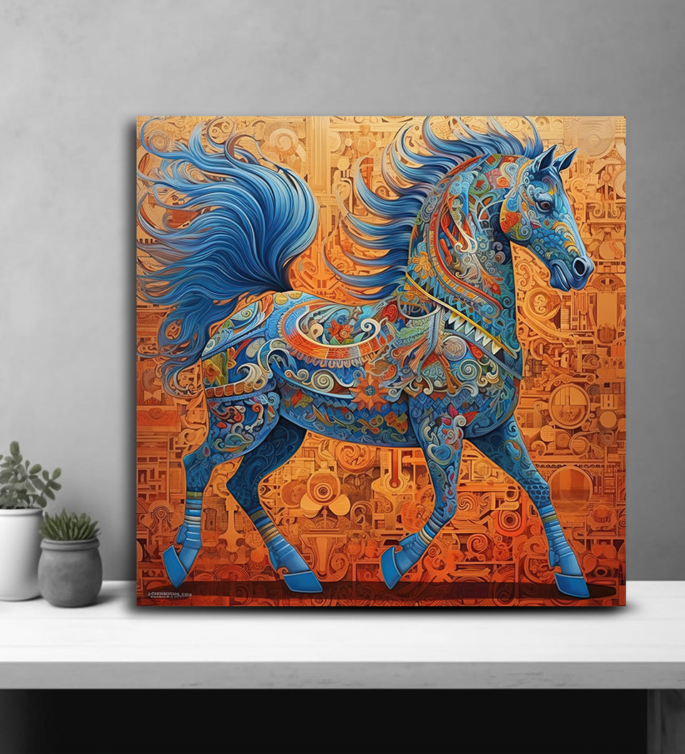 The Ethereal Blue Horse on a Fiery Red Canvas Artwork
