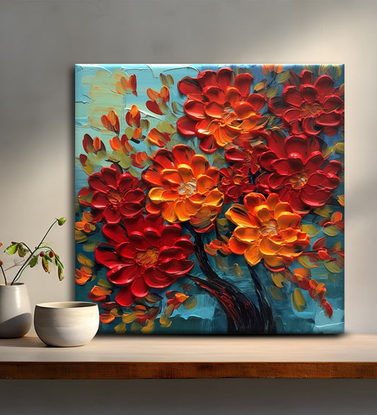 A Canvas Symphony of Color: A Painting of Red Flowers and a Blue Vase