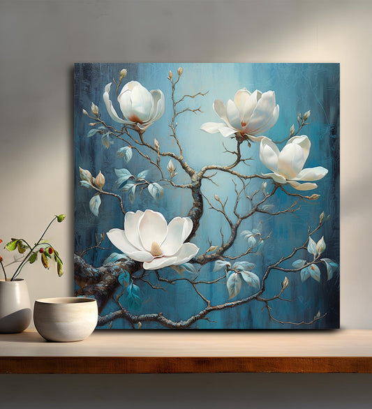 A Canvas Where White Flowers Flourish Against a Tranquil Blue Sky