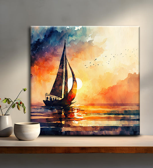 A Serene Seascape Painting of a Sailboat Sailing into the Sunset Artwork