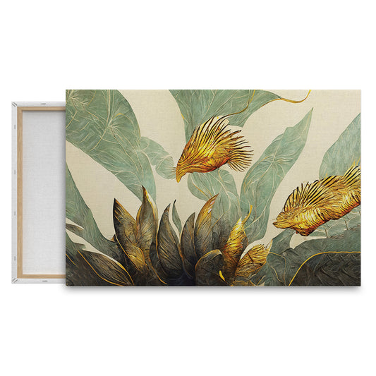 Golden Foliage with Abstract Botanical Accents Wall Painting