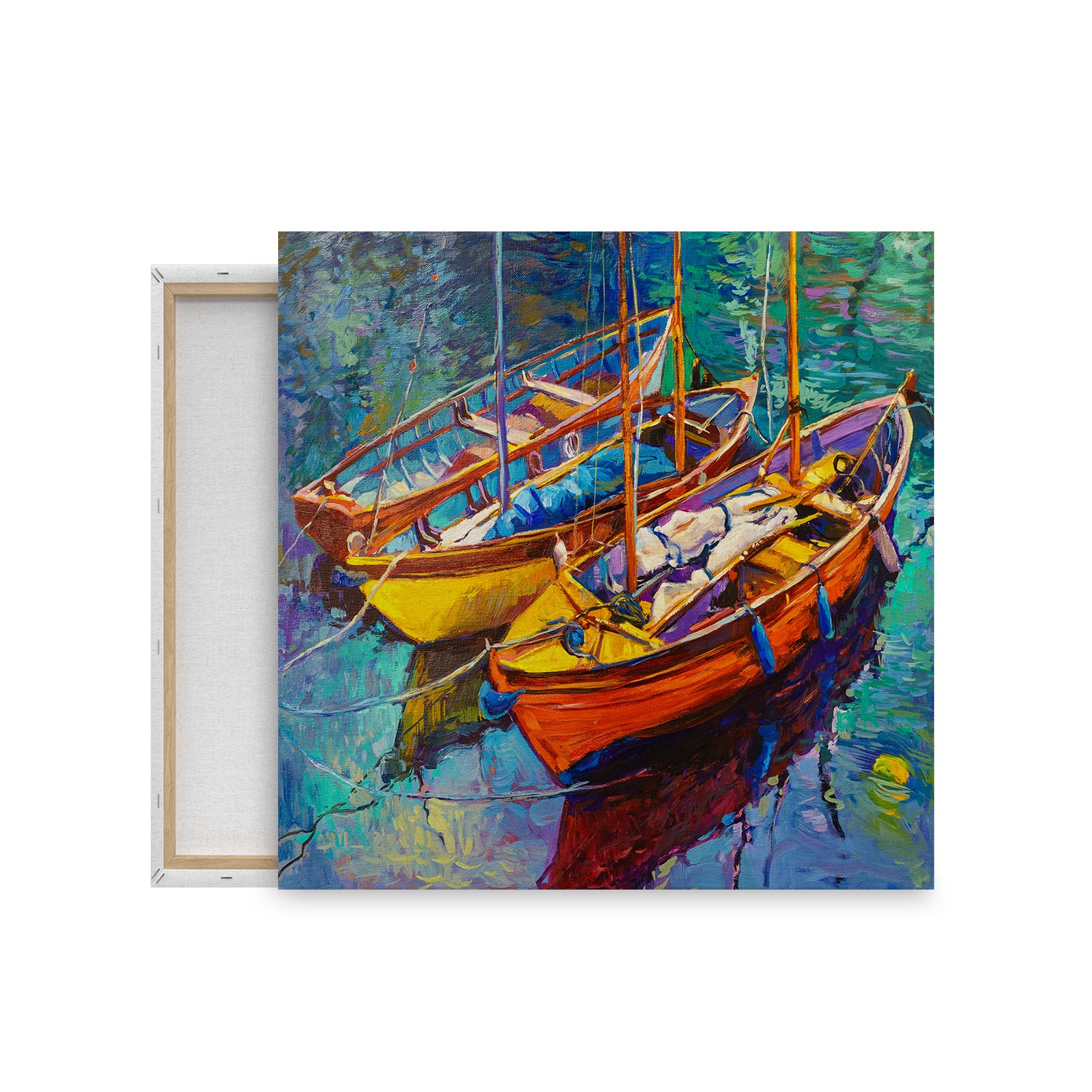 abstract painting of two boats anchored in water body from ancie