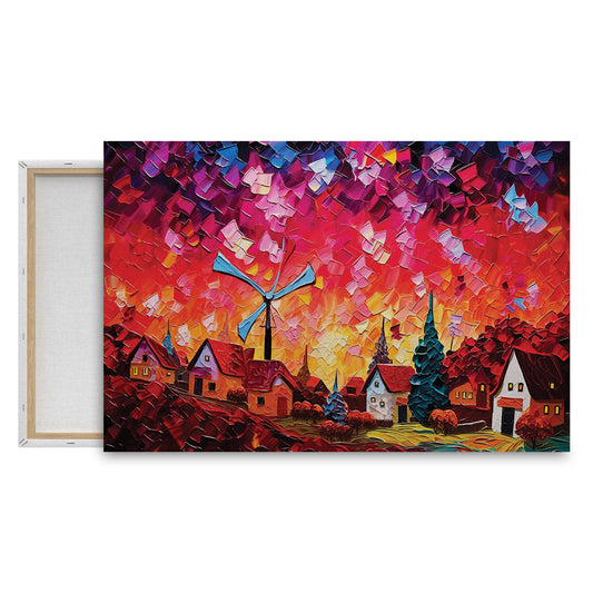 Charming Village Sunset Wall Painting with Textured Brushwork