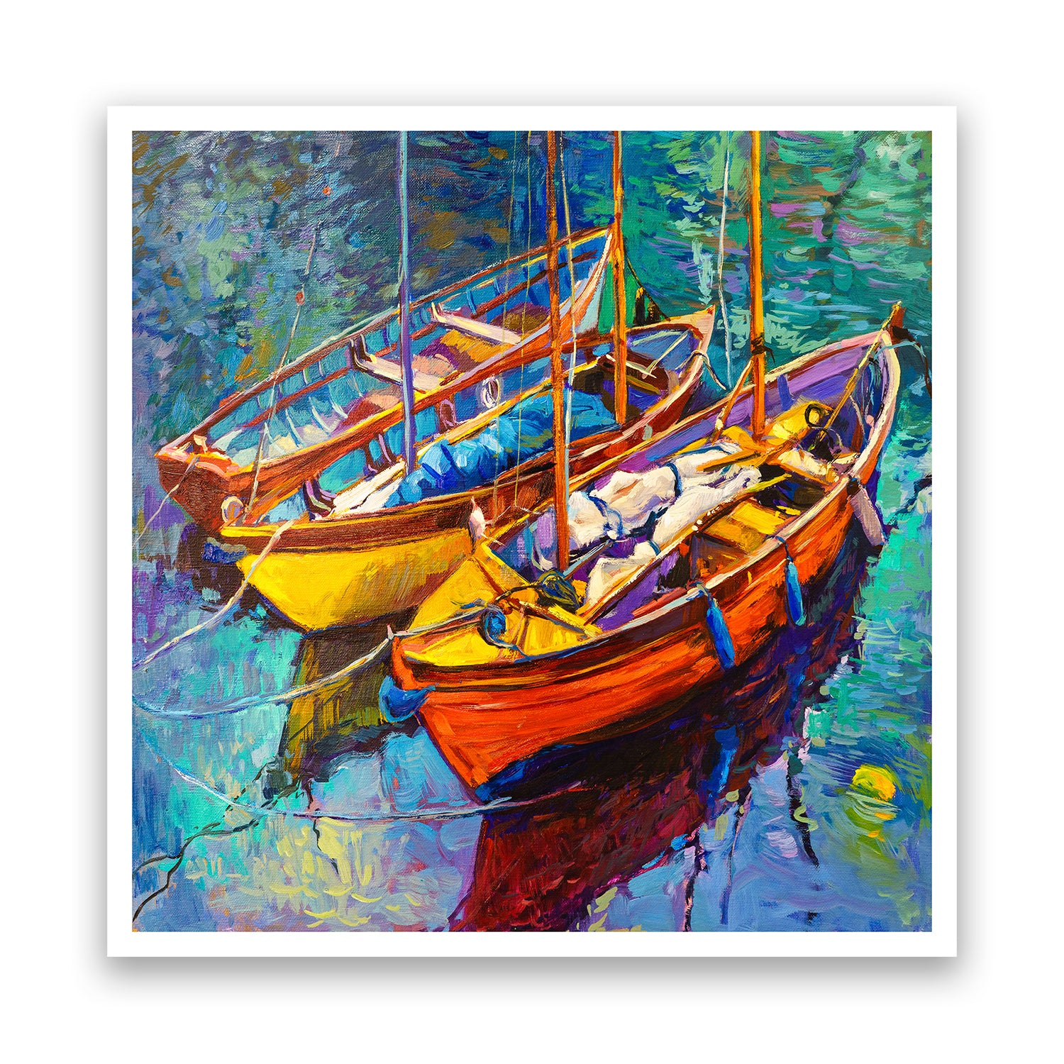 abstract painting of two boats anchored in water body from ancie