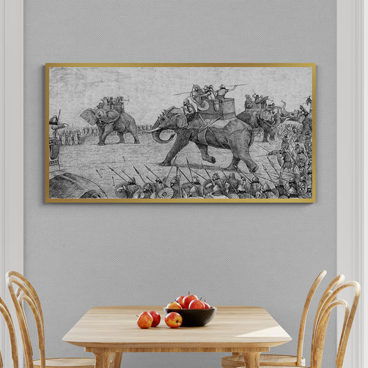 canvas depiciton of a periodic war using elephants and soldiers-Anciq