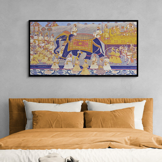 wall art of an elephant and crowd walking in a procession from anciq.com