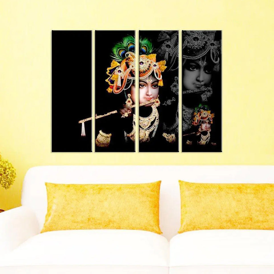Multiple Frame Beautiful Multicolour Krishna with Flute Spiritual Canvas Print Set of 4 Pieces Wall Painting for Living Room, Bedroom, Office Wall Decoration (24" x 8" Each Panel)