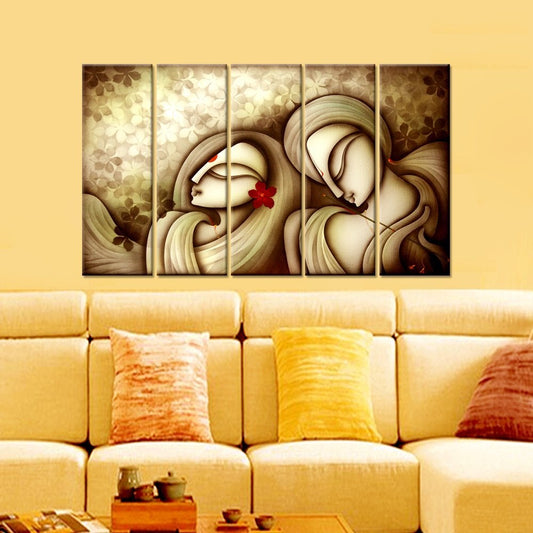 Beautiful Sepia Tone Radha Krishna Set of 5 Pieces Framed Canvas Painting  for Living Room, Bedroom, Office Wall Decoration (24" x 8" Each Panel)