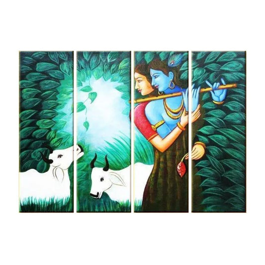 Lord Radha Krishna in Forest 4 Pieces Religious Canvas Multiple Frame Wall Painting for Living Room, Bedroom, Office Wall Decoration (24" x 8" Each Panel)