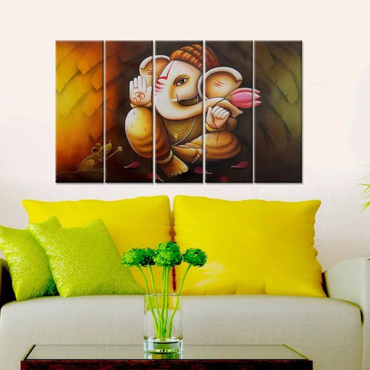 Lord Ganesha Canvas Print  5 Pieces Framed Canvas Wall Painting for Living Room, Bedroom, Office Wall Decoration (24" x 8" Each Panel)