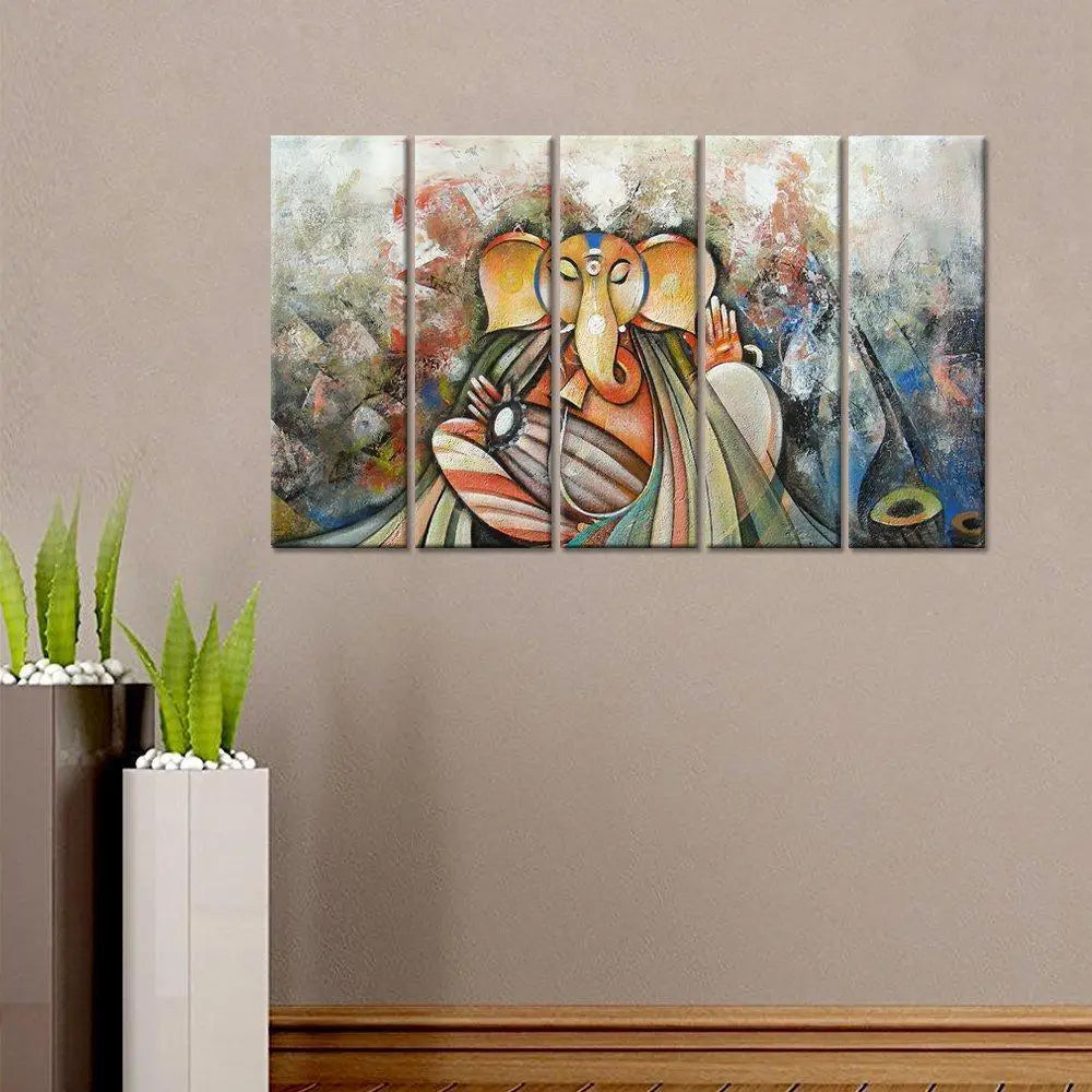 Beautiful Lord Ganesh Indian Devotional Set of 5 Pieces Frame Canvas Wall Painting for Living Room, Bedroom, Office Wall Decoration (24" x 8" Each Panel)