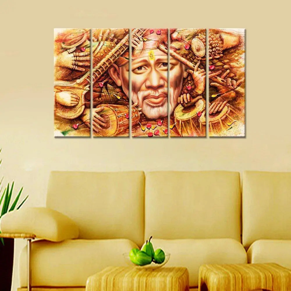Sai Baba Indian Religious 5 Pieces Canvas Print Wall Painting Framed Canvas Wall Painting for Living Room, Bedroom, Office Wall Decoration (24" x 8" Each Panel)